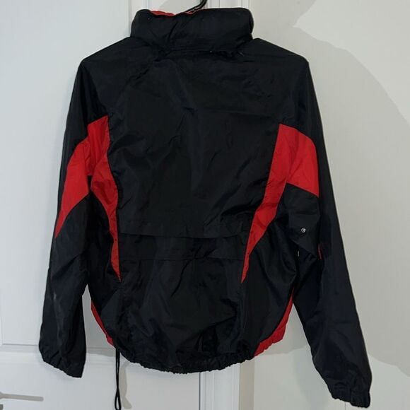 Vintage Frank Shorter Sports Running Marathon Jacket Black Red Lined Hood Retro - Picture 7 of 7